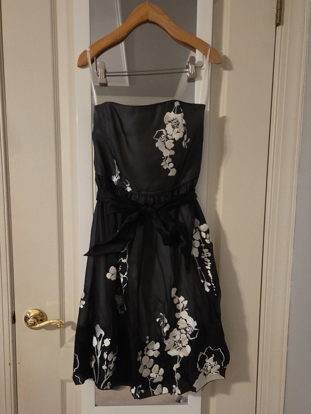 White House Black Market Black Strapless Dress with White Floral Embroidery